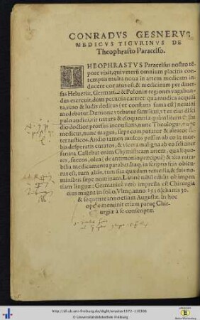 Conradus Gesnerus Medicus Tigurinus De Theophrasto Paracelso.