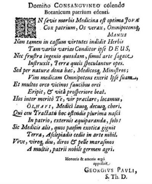 Domino Consangvineo colendo Botanicum patrium edenti.