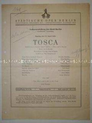 Programmblatt der Städtischen Oper Berlin für eine "Volksvorstellung" von Puccinis "Tosca"