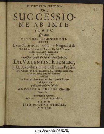 Disputatio Iuridica De Successione Ab Intestato