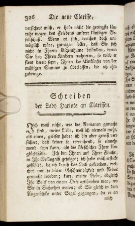 Schreiben der Lady Hariote an Clarissen.