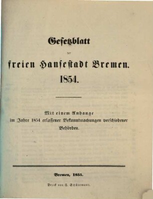 Gesetzblatt der Freien Hansestadt Bremen. 1854. - 1855