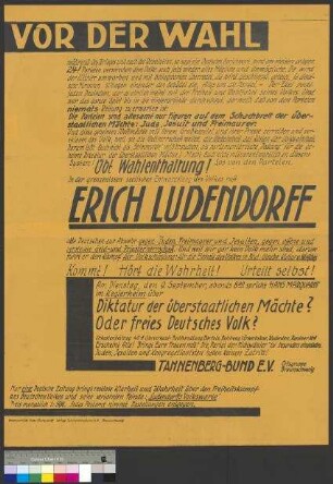Plakat zu einer öffentlichen Wahlversammlung des Tannenbergbundes am 9. September 1930 in Braunschweig