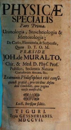 Systema physicae experimentalis, integram naturam illustrans, Physicae specialis pars prima. Uranologia, stoicheiologia & meteorologia