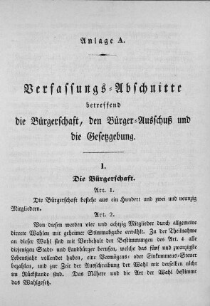 Anlage A. Verfassungs-Abschnitte betreffend die Bürgerschaft, den Bürger-Ausschuß und die Gesetzgebung.