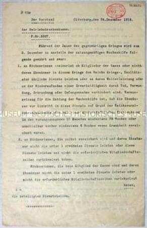 Hektografiertes maschinenschriftliches Rundschreiben der Krankenkassen zur Unterstützung junger Mütter von Kriegsteilnehmern