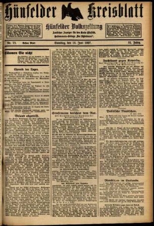 Erste Ausgabe vom Samstag, den 18. Juni 1927.