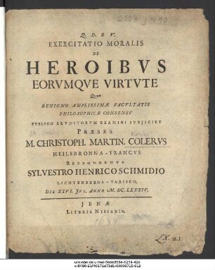 Exercitatio Moralis De Heroibus Eorumque Virtute