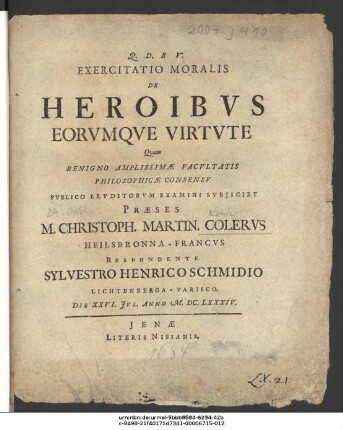 Exercitatio Moralis De Heroibus Eorumque Virtute