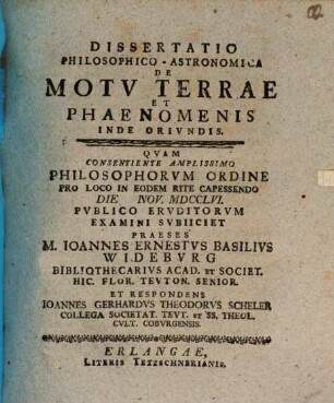 Dissertatio Philosophico-Astronomica De Motv Terrae Et Phaenomenis Inde Orivndis. [1]