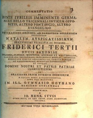 Commentatio de binis iubileis imminente Germaniae bello tricennali invicem oppositis, altero pontificio, altero evangelico
