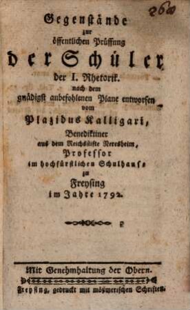 Gegenstände zur öffentlichen Prüfung der 1. Rhetorik