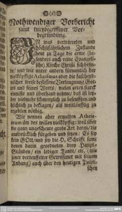 Nothwendiger Vorbericht samt kurtzbegriffener Vorbegründung