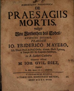 De praesagiis mortis, dissertatio