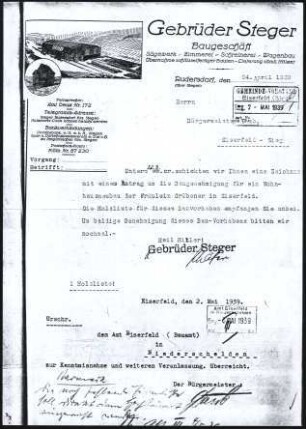 Firmenbriefkopf Gebrüder Steger, Baugeschäft, Sägewerk - Zimmerei - Schreinerei - Wagenbau