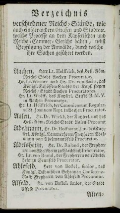 Verzeichnis verschiedener Reichs-Stände, wie auch einiger andern Grafen und Städte, etc. welche Processe an dem Kayserlichen und Reichs-Cammer-Gericht haben, nebst Beyfügung der Anwälde,[...]