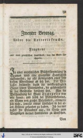 Zweyter Beytrag. Über die Lotterieseuche.