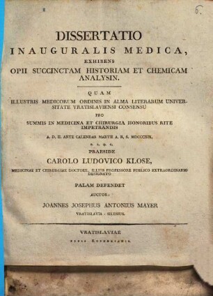 Dissertatio exhibens opii succinctam historiam et chemicam analysin