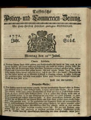 29tes Stueck, Montag den 22ten Julius 1771