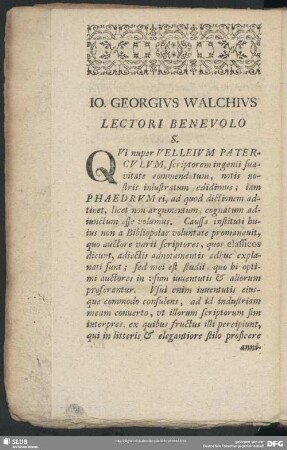 Jo. Georgius Walchius Lectori Benevolo S.