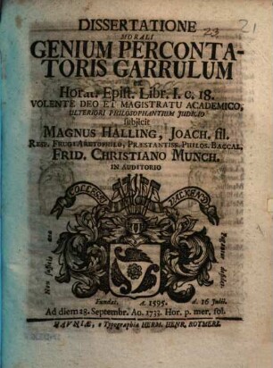 Dissertatione mor. genium percontatoris garrulum ex Horat. Epist. libr. I. c. 18