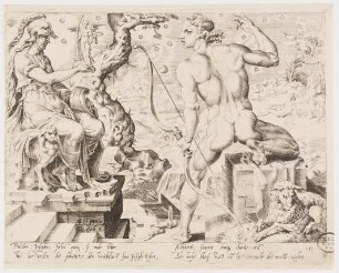 Joseph, seen from behind, holding a bow with a statue of Athena