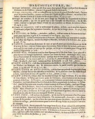 Cours D'Architecture qui comprend Les Ordres De Vignole : Avec des Commentaires, les Figures & Descriptions de ses plus beaux Bâtimens, & de ceux de Michel-Ange. Plusieurs Nouveaux Desseins, Ornemens & Préceptes concernant la Distribution, la Décoration, la Matiere & la Construction des Edifices, la Maçonnerie, la Charpenterie, la Couverture, la Serrurerie, la Menuiserie, le Jardinage, & tout ce qui regard l'Art De Bâtir ; Avec Une Ample Explication par ordre Alphabetique de tous les Termes, 2. Dictionnaire D'Architecture, ou Explication De Tous Les Termes, dont on se sert dans L'Architecture, Les Mathematiques ...