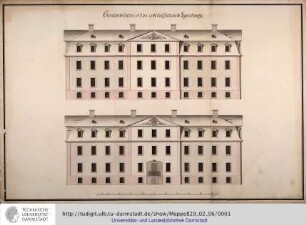 Elevation de l'entrée et d'un coté du Château de Jegersbourg [Jagdschloss Jägersburg/Starkenburg]. [ca.1735]