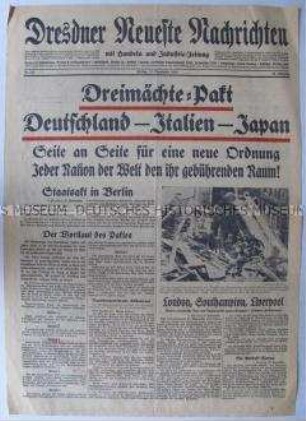 Titelblatt der "Dresdner Neueste Nachrichten" zur Unterzeichnung des Dreimächte-Paktes Deutschland-Italien-Japan