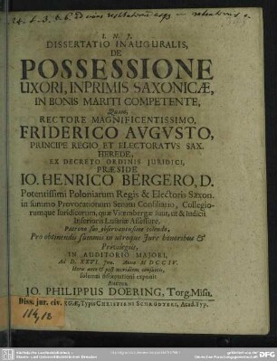 Dissertatio Inauguralis, De Possessione Uxori Inprimis Saxonicae, In Bonis Mariti Competente