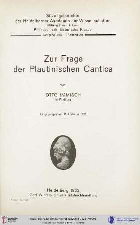 1923, 7. Abhandlung: Sitzungsberichte der Heidelberger Akademie der Wissenschaften, Philosophisch-Historische Klasse: Zur Frage der Plautinischen Cantica