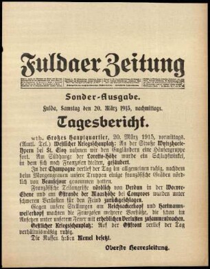 Erste Ausgabe vom Samstag, den 20. März 1915.
