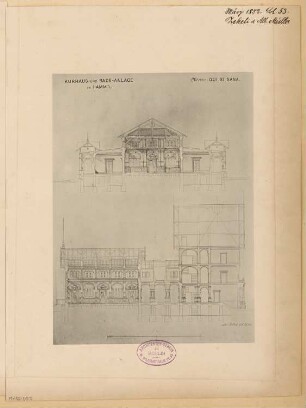 Kurhaus und Badeanlage, Hamm Monatskonkurrenz März 1882: Querschnitt des Hauptflügels und Längsschnitt des Hauptflügelvorbaus; Maßstabsleiste