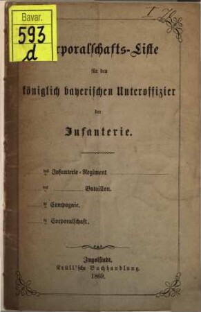 Corporalschafts-Liste für den königlich bayerischen Unteroffizier der Infanterie