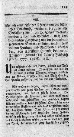 Versuch einer richtigen Theorie von der biblischen Verskunst.