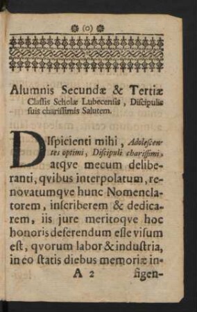 Alumnis Secundae & Tertiae Classis Scholae Lubecensis, Discipulis suis charissimis Salutem