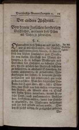 Der andere Abschnitt. Von denen Zufällen beyderley Geschlechts, worinnen diese Pillen mit Nutzen zu gebrauchen.