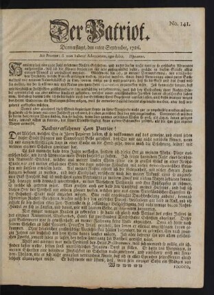 No. 141. Donnerstags, den 12ten September, 1726