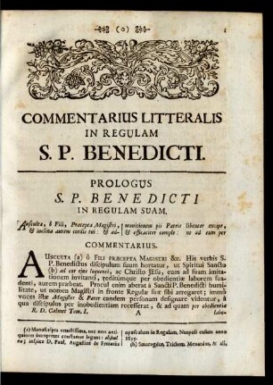 Commentarius Litteralis In Regulam S. P. Benedicti.