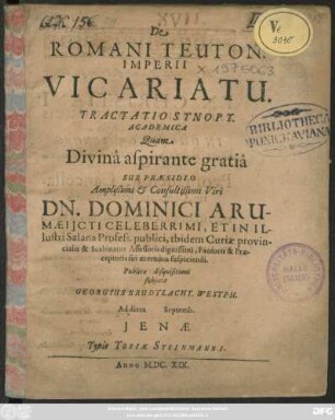 De Romani Teuton. Imperii Vicariatu : Tractatio Synopt. Academica