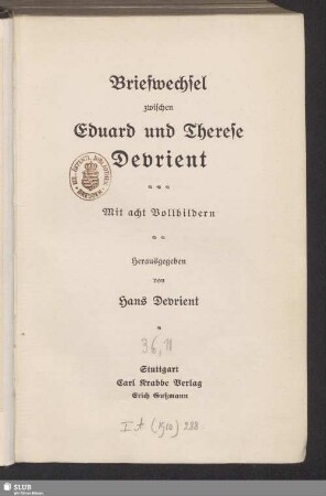 Briefwechsel zwischen Eduard und Therese Devrient