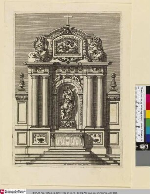 [Altar oder Epitaph mit einer Darstellung Gottvaters im oberen Bereich, darunter eine Madonnenfigur]
