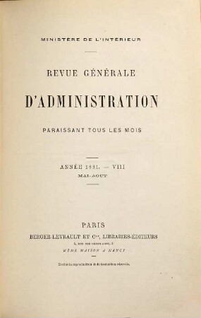 Revue générale d'administration. 11. 1881 = Mai - Aug.