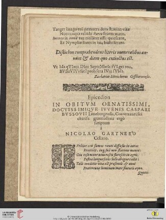 Epicedion in Obitvm Ornantissimi Doctissimiquve Ivvenis Caspari Bvssovii