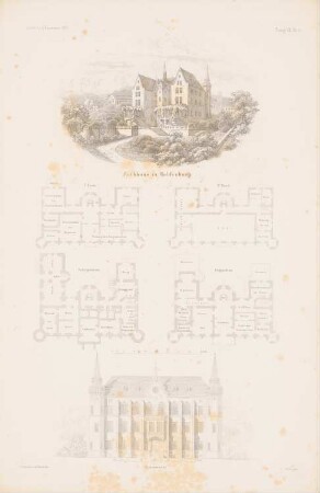 Rathaus, Waldenburg: Grundriss Keller, EG, 1.OG, 2.OG, Perspektivische Ansicht, Vorderansicht (aus: Atlas zur Zeitschrift für Bauwesen, hrsg. v. G. Erbkam, Jg. 7, 1857)