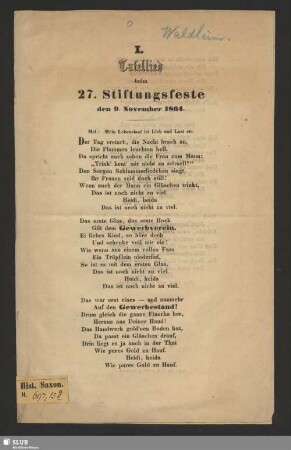 27. Stiftungsfeste [des Gewerbevereins zu Waldheim] : den 9. November1864