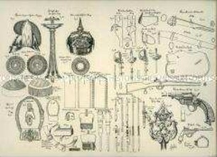Uniformdarstellung, Detailstudie Helme, Abzeichen, Patronentasche, Säbel, Karabiner und Karabiner-Futterale, Revolver M/79 und Pistole M/69, Stahlrohrlanzen und Standartenspitze der Chevauleger-Regimenter, Königreich Bayern, 1897/1900. Beiblatt 1 a zu Tafel XVIII aus: Müller/Braun: Königl. Bayerische Armee.
