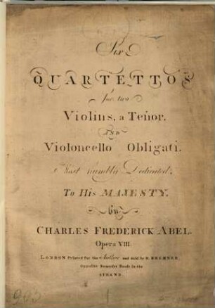 Six quartettos for two violins, a tenor, and violoncello obligati : opera VIII