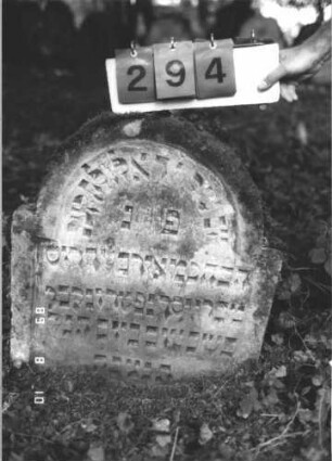 Grabstein 294 (Index: 99799837) Material: Sandstein Zustand: stark verwittert, schräg geneigt Maße HxBxT: 68x61x8 cm Beschreibung: Stele, eingezogener Rundbogenabschluß, Schriftfeld eingetieft: Grabstein 294