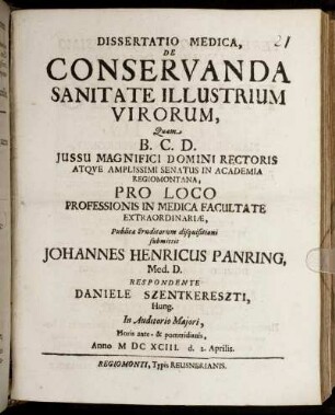 Dissertatio Medica, De Conservanda Sanitate Illustrium Virorum